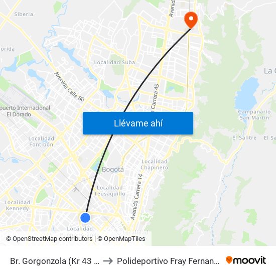 Br. Gorgonzola (Kr 43 - Cl 12b) to Polideportivo Fray Fernando Garzón map