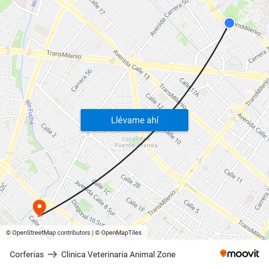Corferias to Clinica Veterinaria Animal Zone map