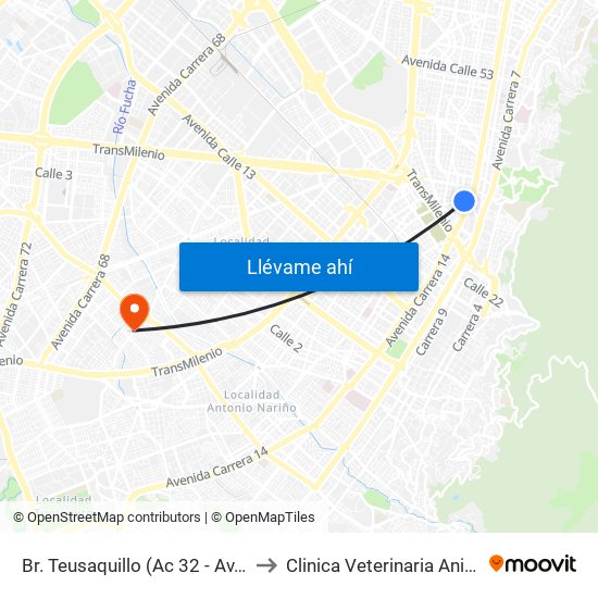 Br. Teusaquillo (Ac 32 - Av. Caracas) to Clinica Veterinaria Animal Zone map