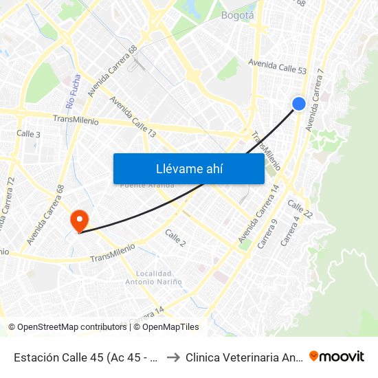 Estación Calle 45 (Ac 45 - Av. Caracas) to Clinica Veterinaria Animal Zone map