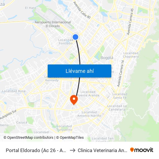 Portal Eldorado (Ac 26 - Av. C. De Cali) to Clinica Veterinaria Animal Zone map