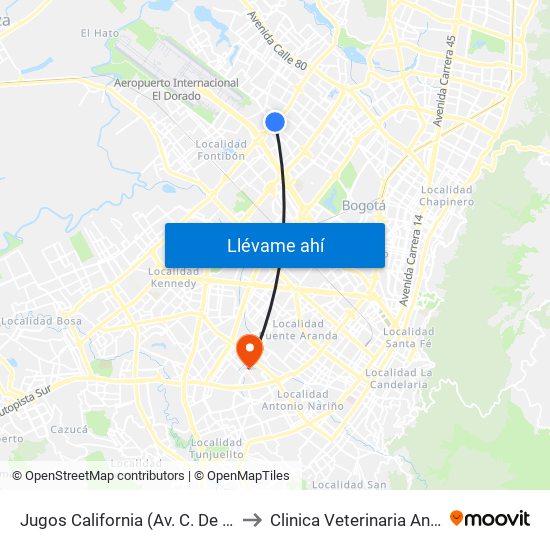 Jugos California (Av. C. De Cali - Ac 63) to Clinica Veterinaria Animal Zone map