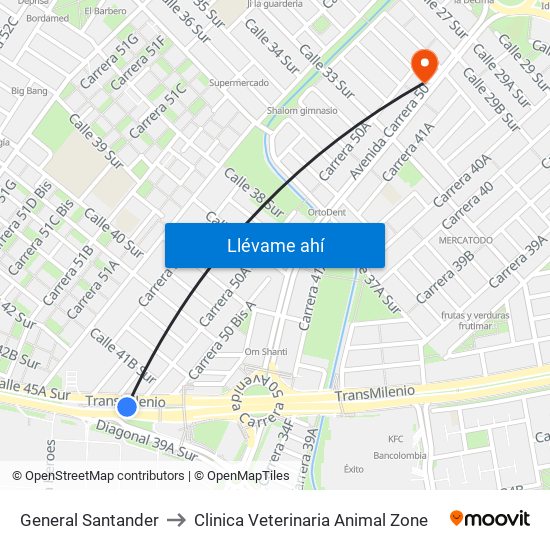 General Santander to Clinica Veterinaria Animal Zone map