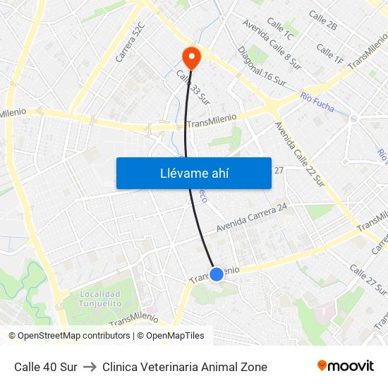 Calle 40 Sur to Clinica Veterinaria Animal Zone map