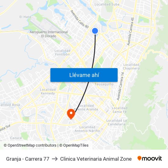 Granja - Carrera 77 to Clinica Veterinaria Animal Zone map