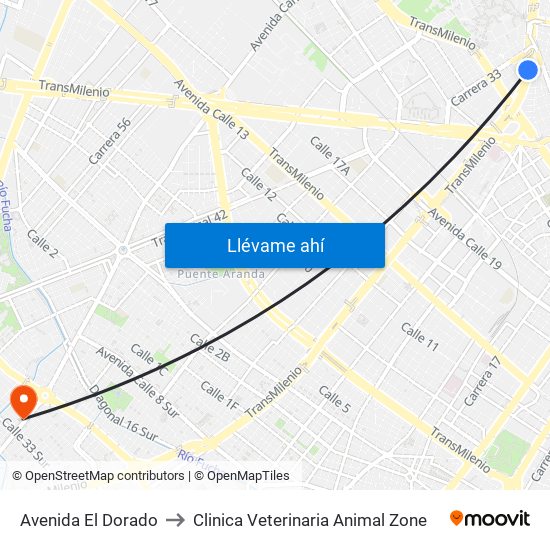 Avenida El Dorado to Clinica Veterinaria Animal Zone map