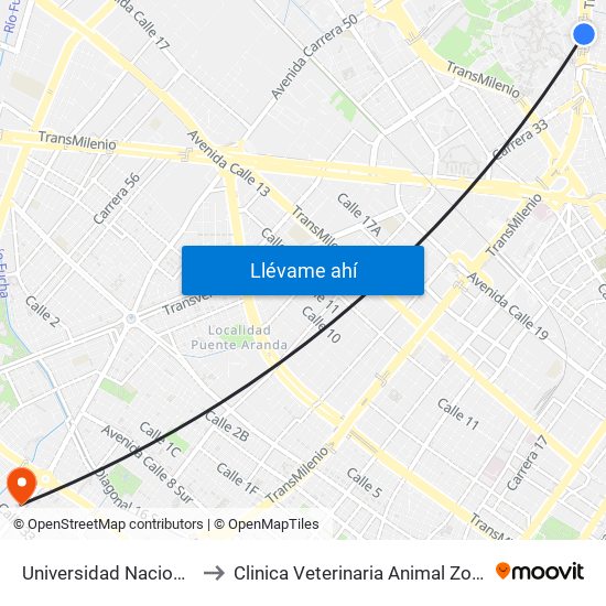 Universidad Nacional to Clinica Veterinaria Animal Zone map