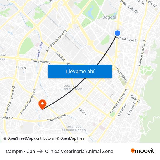 Campín - Uan to Clinica Veterinaria Animal Zone map