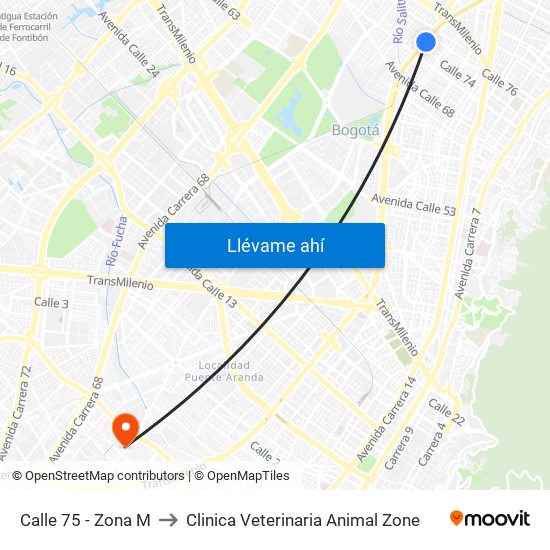 Calle 75 - Zona M to Clinica Veterinaria Animal Zone map