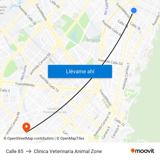 Calle 85 to Clinica Veterinaria Animal Zone map