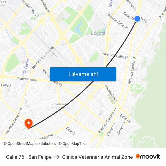 Calle 76 - San Felipe to Clinica Veterinaria Animal Zone map