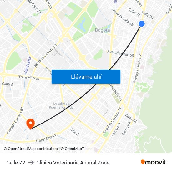Calle 72 to Clinica Veterinaria Animal Zone map