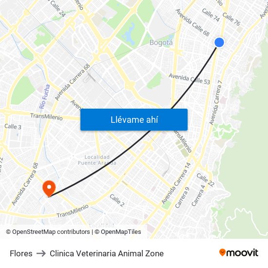 Flores to Clinica Veterinaria Animal Zone map