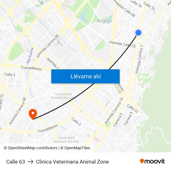 Calle 63 to Clinica Veterinaria Animal Zone map