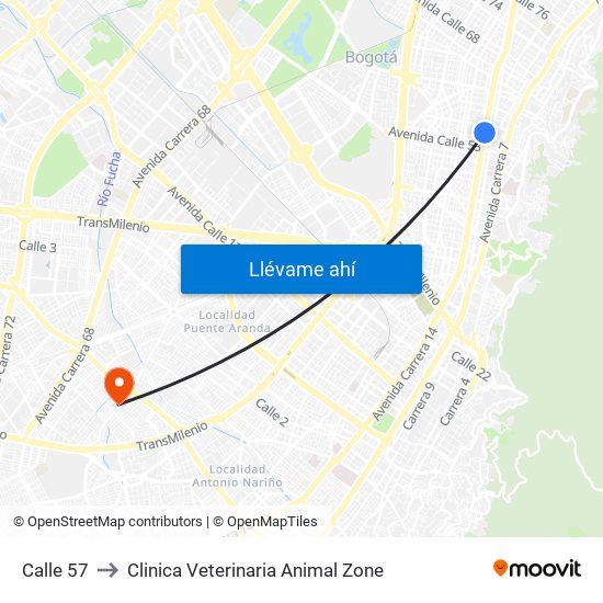 Calle 57 to Clinica Veterinaria Animal Zone map