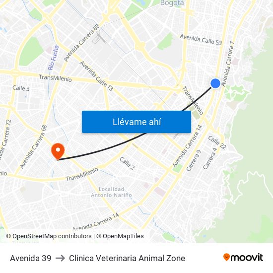 Avenida 39 to Clinica Veterinaria Animal Zone map