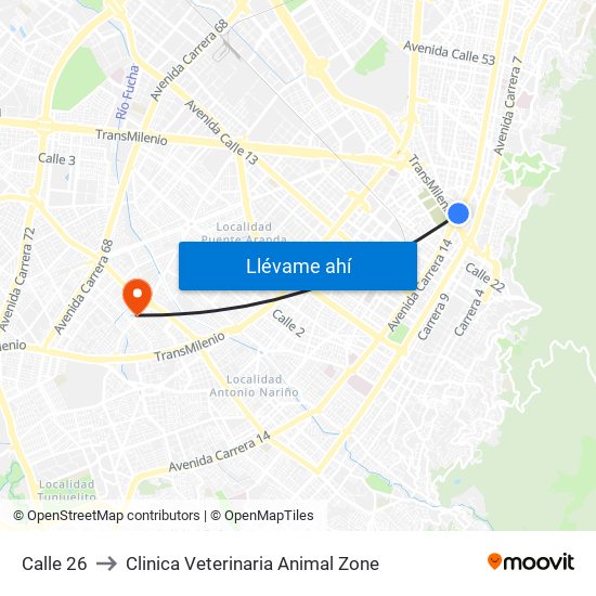 Calle 26 to Clinica Veterinaria Animal Zone map