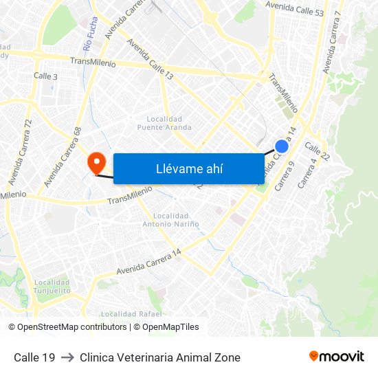 Calle 19 to Clinica Veterinaria Animal Zone map