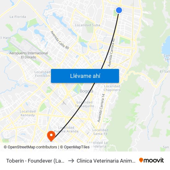 Toberín - Foundever (Lado Sur) to Clinica Veterinaria Animal Zone map