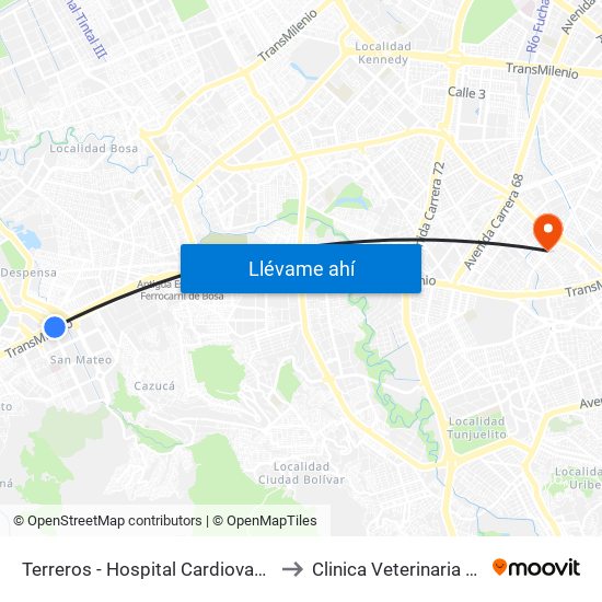 Terreros - Hospital Cardiovascular (Lado Sur) to Clinica Veterinaria Animal Zone map