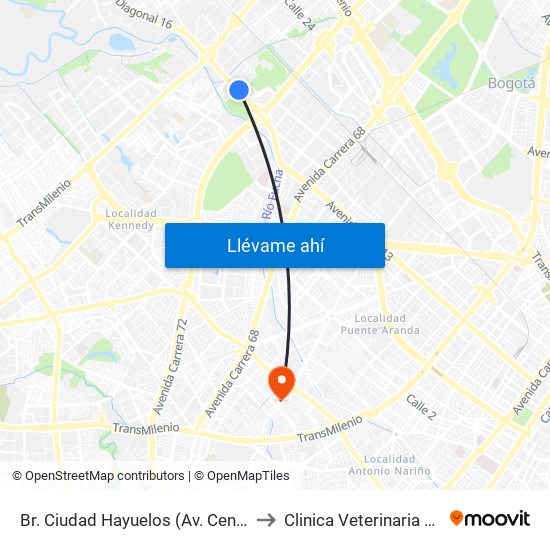 Br. Ciudad Hayuelos (Av. Centenario - Kr 78g) to Clinica Veterinaria Animal Zone map