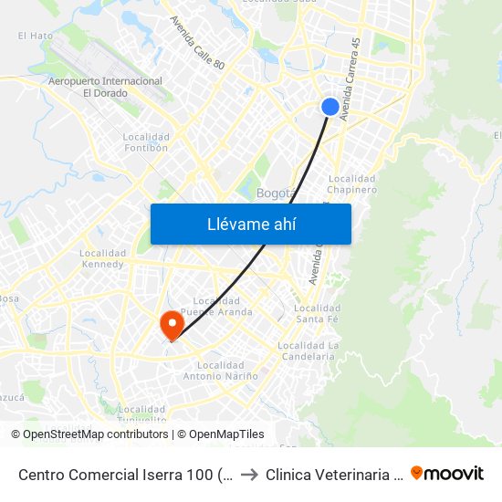 Centro Comercial Iserra 100 (Ac 100 - Kr 54) (B) to Clinica Veterinaria Animal Zone map