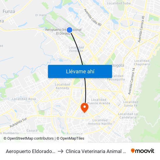 Aeropuerto Eldorado (B) to Clinica Veterinaria Animal Zone map
