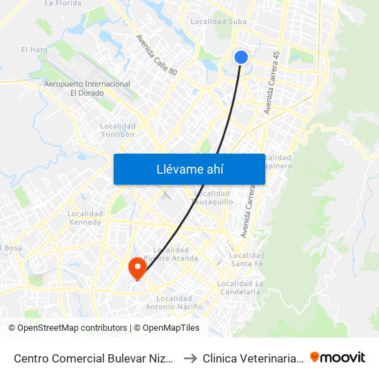 Centro Comercial Bulevar Niza (Ac 127 - Av. Suba) to Clinica Veterinaria Animal Zone map