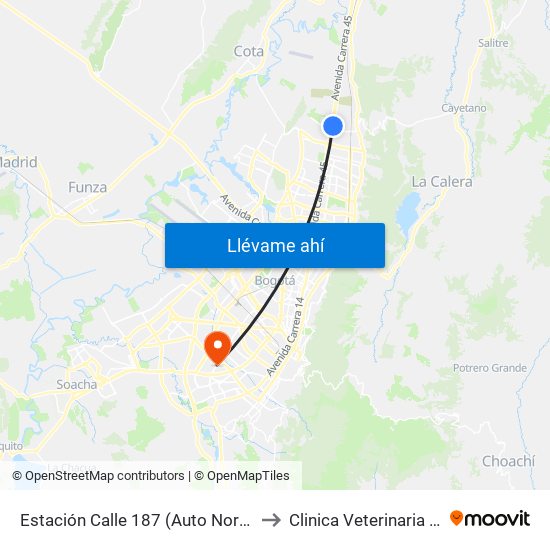 Estación Calle 187 (Auto Norte - Cl 187 Bis) (A) to Clinica Veterinaria Animal Zone map