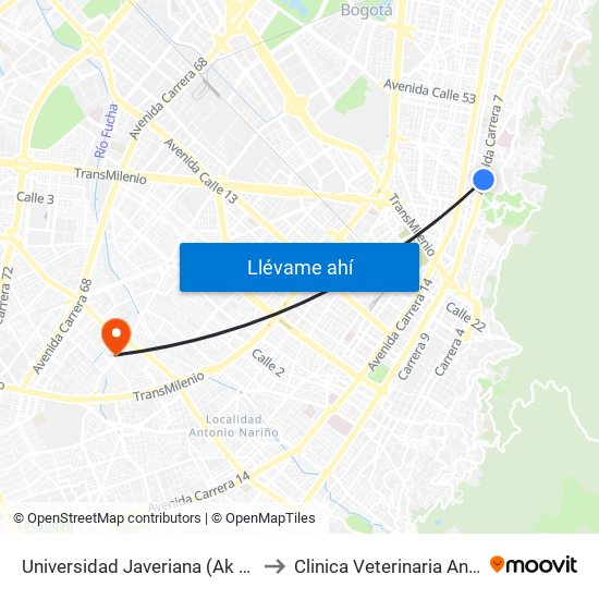 Universidad Javeriana (Ak 7 - Cl 40) (B) to Clinica Veterinaria Animal Zone map
