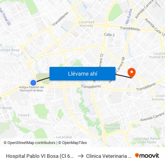 Hospital Pablo VI Bosa (Cl 63 Sur - Kr 77g) (A) to Clinica Veterinaria Animal Zone map