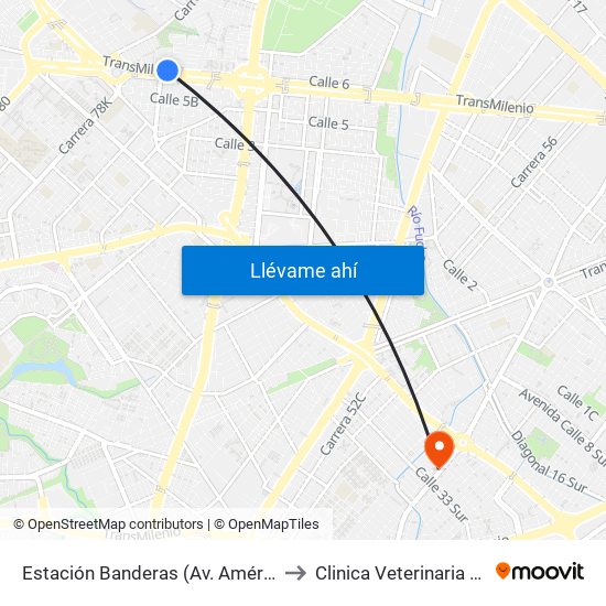 Estación Banderas (Av. Américas - Kr 78a) (A) to Clinica Veterinaria Animal Zone map