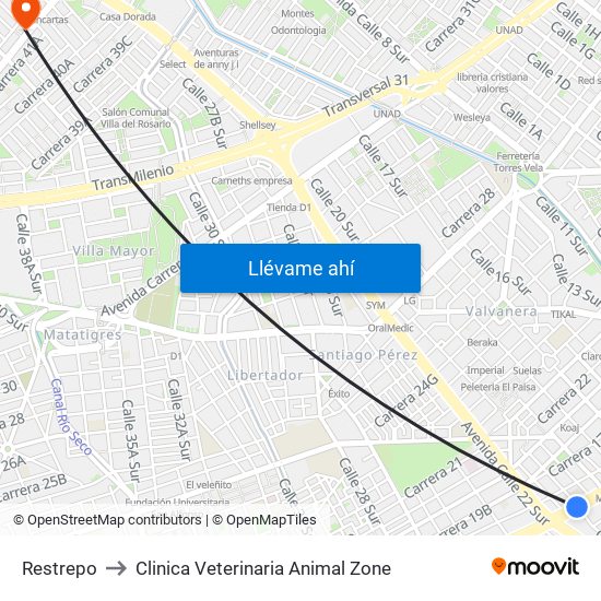 Restrepo to Clinica Veterinaria Animal Zone map