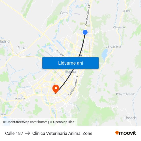 Calle 187 to Clinica Veterinaria Animal Zone map