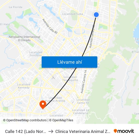 Calle 142 (Lado Norte) to Clinica Veterinaria Animal Zone map