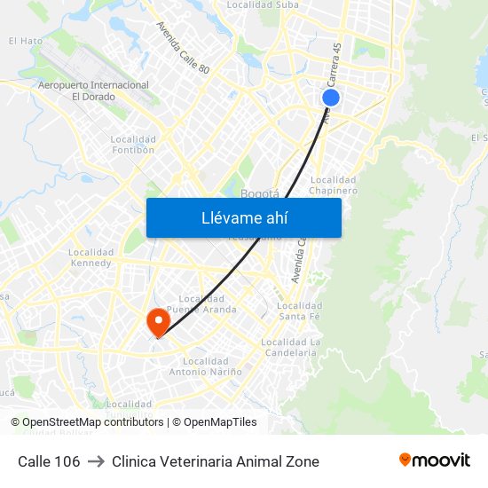 Calle 106 to Clinica Veterinaria Animal Zone map