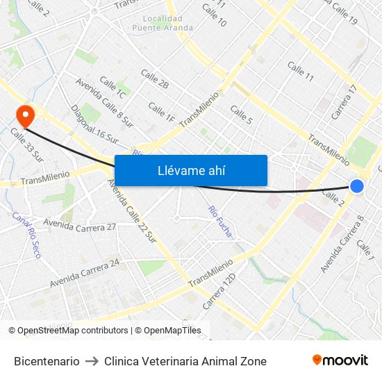Bicentenario to Clinica Veterinaria Animal Zone map