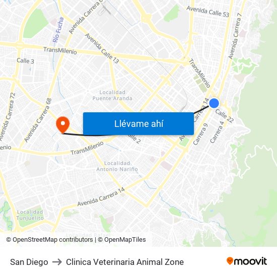 San Diego to Clinica Veterinaria Animal Zone map