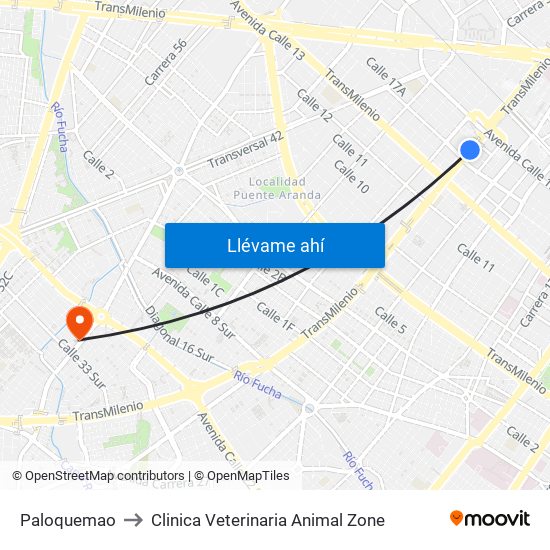 Paloquemao to Clinica Veterinaria Animal Zone map