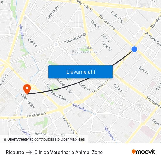 Ricaurte to Clinica Veterinaria Animal Zone map