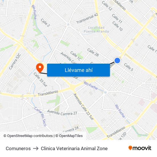 Comuneros to Clinica Veterinaria Animal Zone map