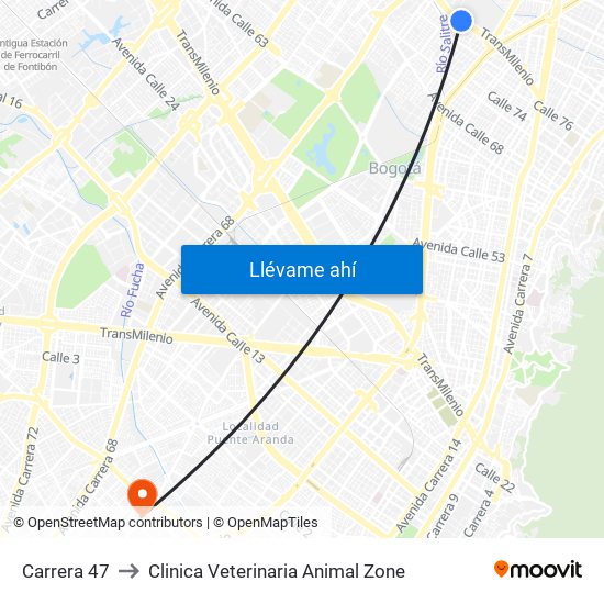 Carrera 47 to Clinica Veterinaria Animal Zone map