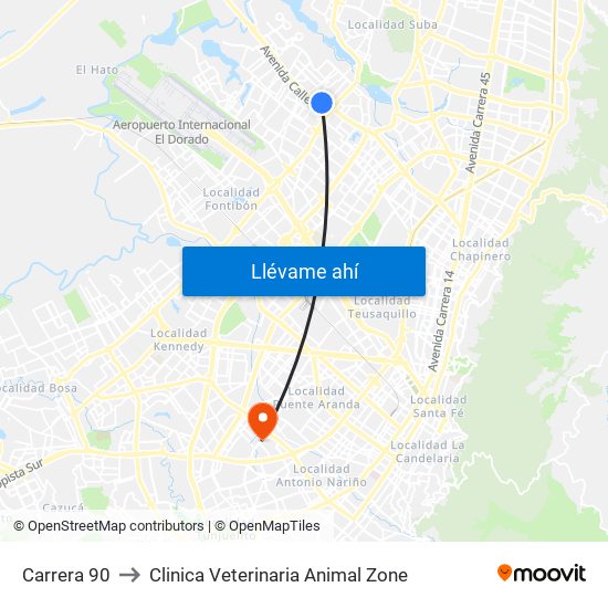 Carrera 90 to Clinica Veterinaria Animal Zone map