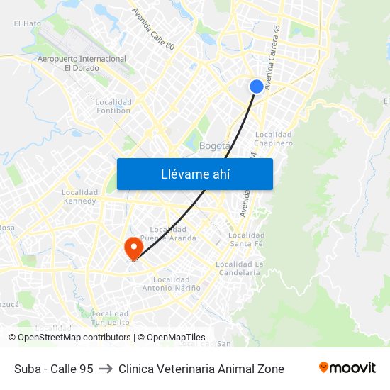 Suba - Calle 95 to Clinica Veterinaria Animal Zone map