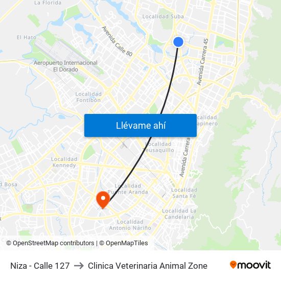 Niza - Calle 127 to Clinica Veterinaria Animal Zone map