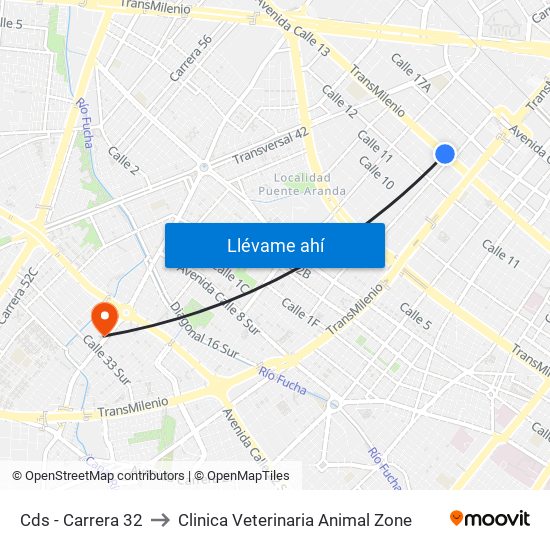 Cds - Carrera 32 to Clinica Veterinaria Animal Zone map