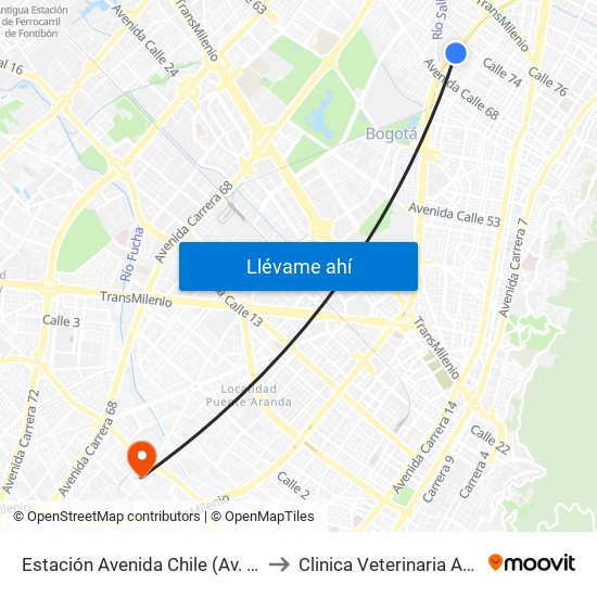 Estación Avenida Chile (Av. NQS - Cl 71c) to Clinica Veterinaria Animal Zone map