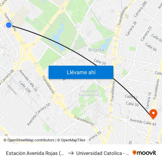 Estación Avenida Rojas (Ac 26 - Kr 69d Bis) (B) to Universidad Catolica - Sede Administrativa map