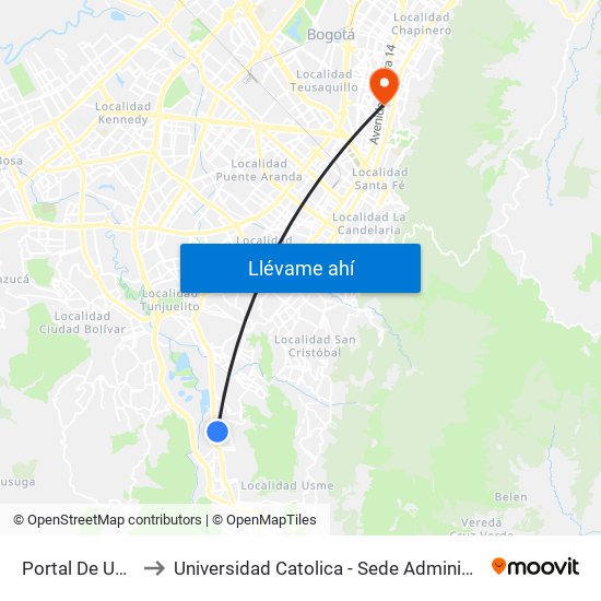 Portal De Usme to Universidad Catolica - Sede Administrativa map