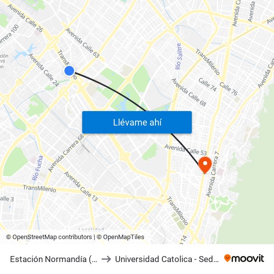 Estación Normandía (Ac 26 - Kr 74) to Universidad Catolica - Sede Administrativa map